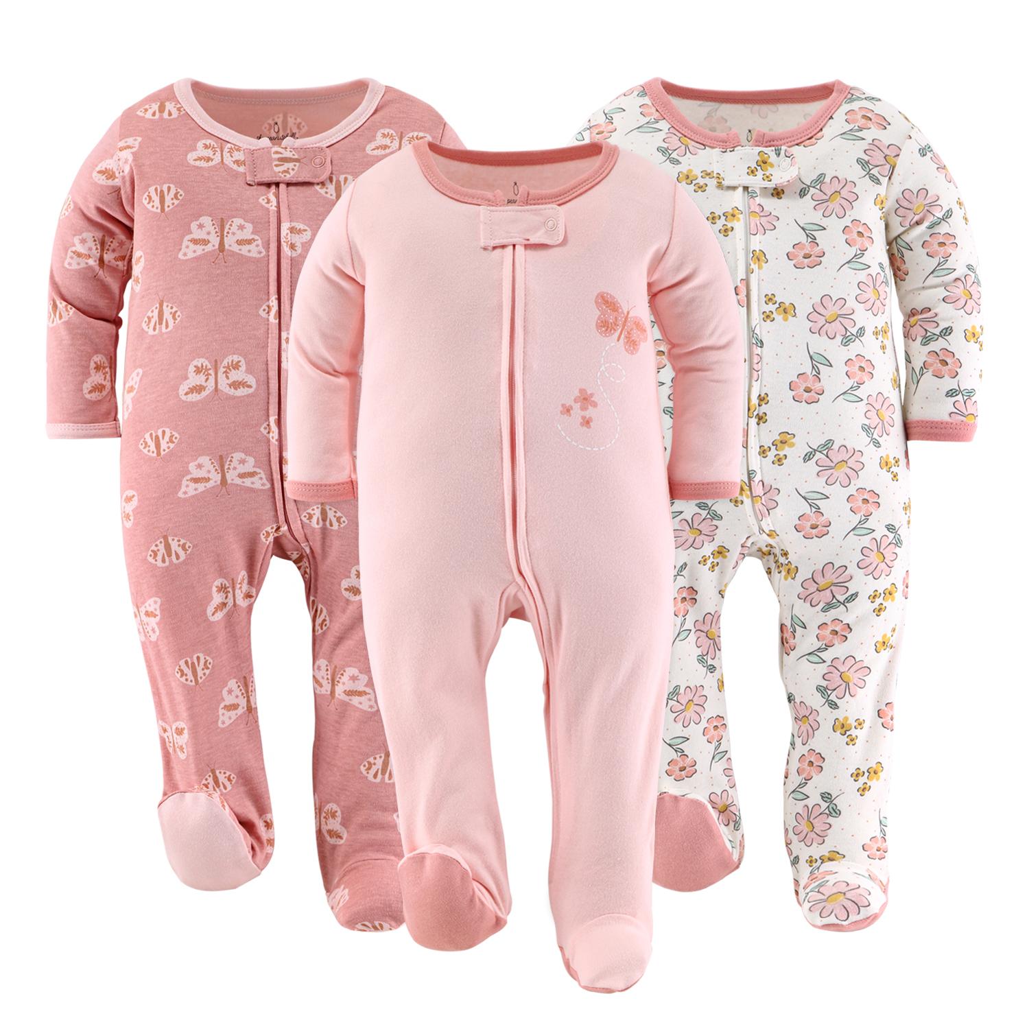 Boho Butterfly Footed Baby Sleepers for Girls, 3-Pack