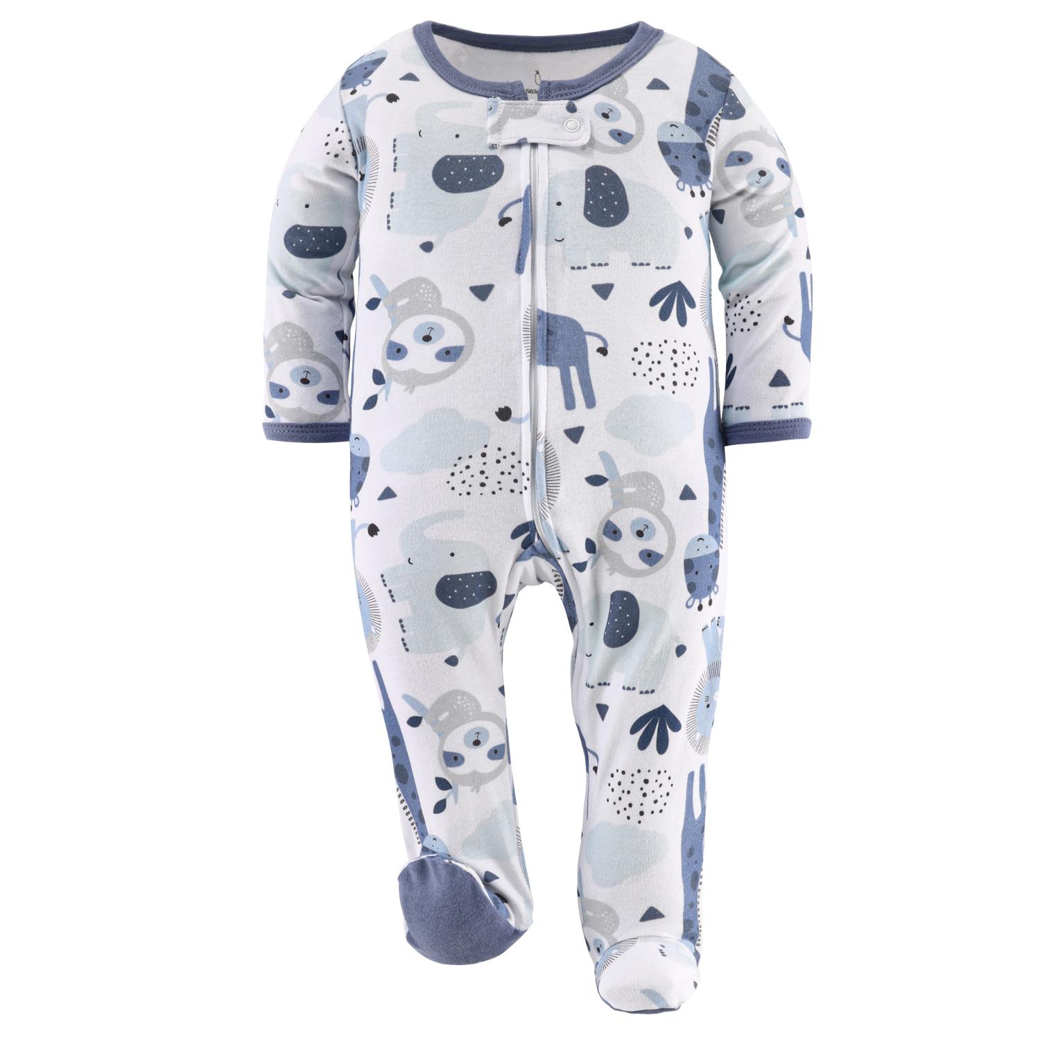 Blue Safari Footed Baby Sleepers for Girls, 3-Pack