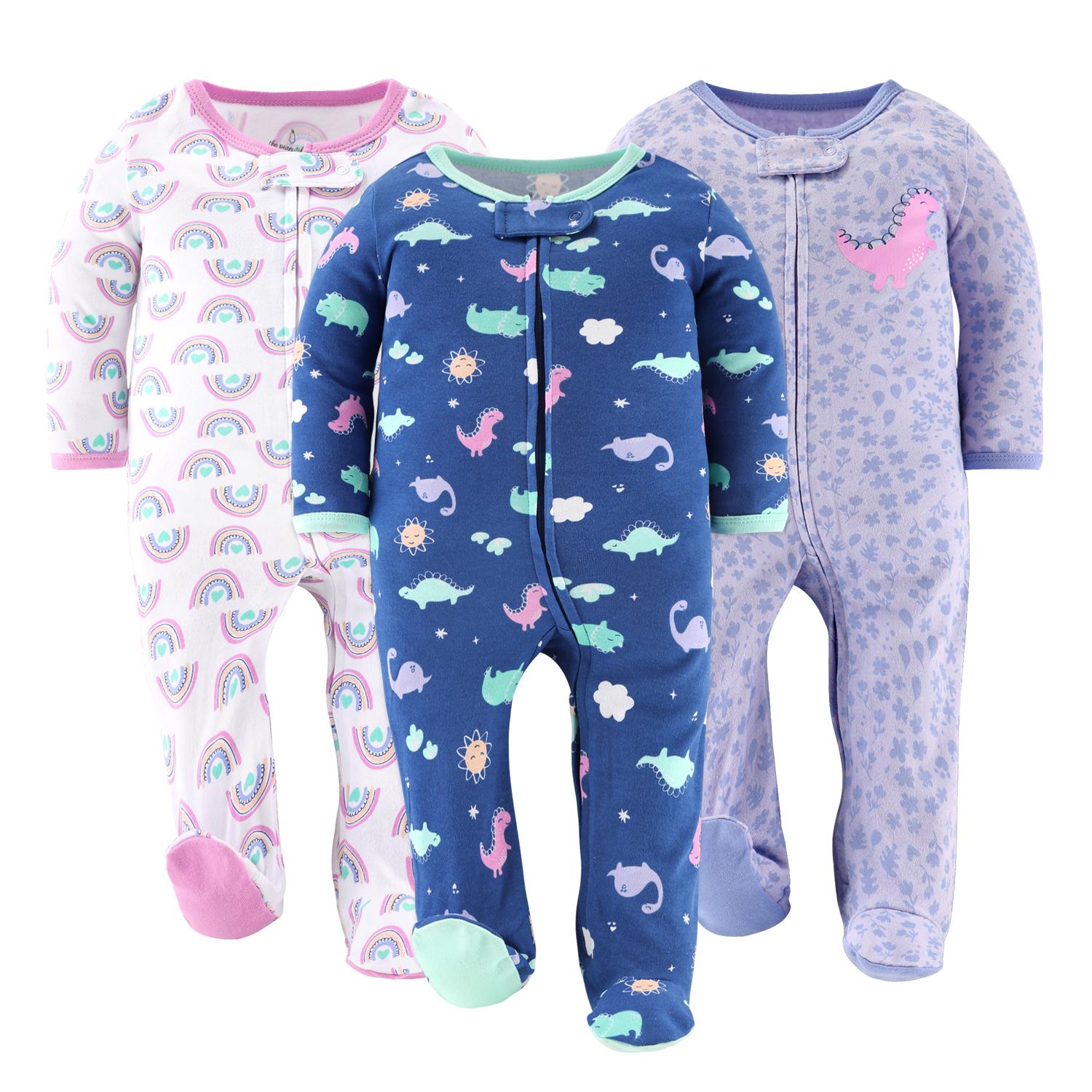 Dino Girl Footed Baby Sleepers for Girls, 3 Pack