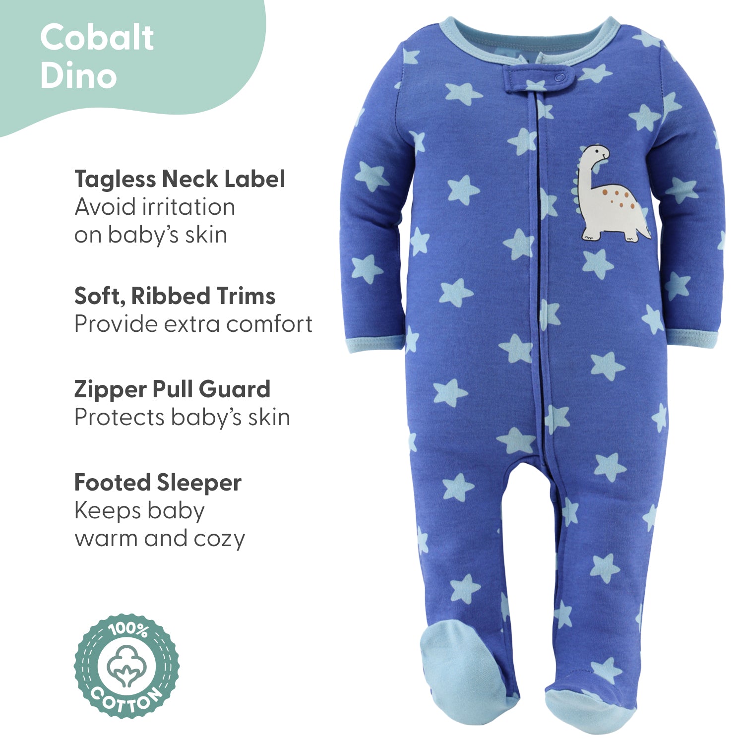 Baby Boys 3pk Cotton Sleepers, Cobalt Dino