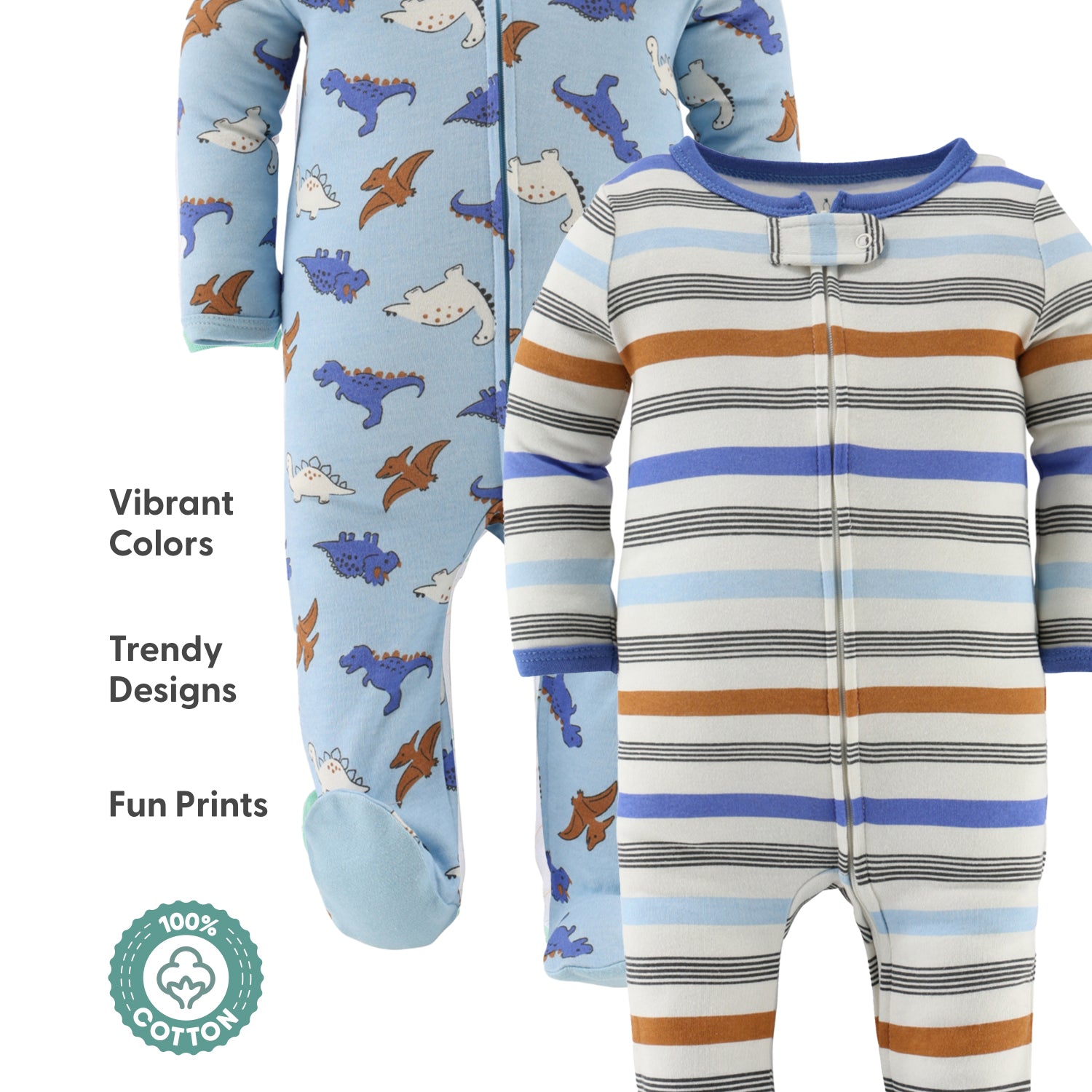 Baby Boys 3pk Cotton Sleepers, Cobalt Dino