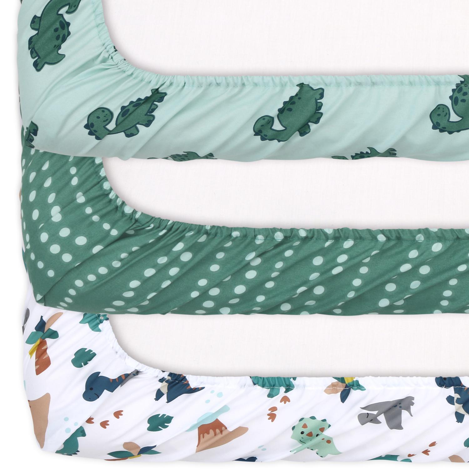 Green Dino Fitted Playard Sheets, 3-Pack