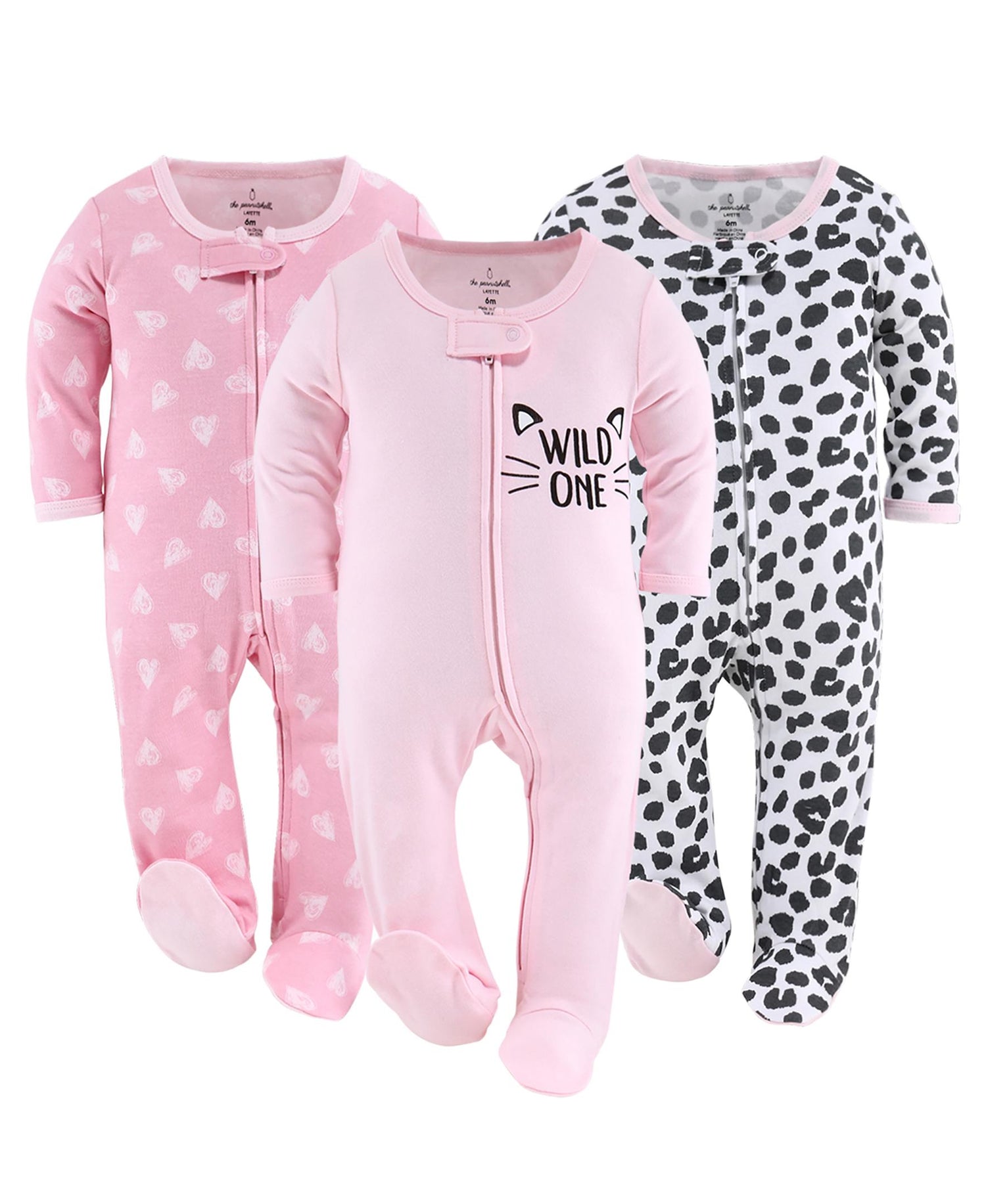 Cheetah Hearts Footed Baby Sleepers for Girls, 3-Pack