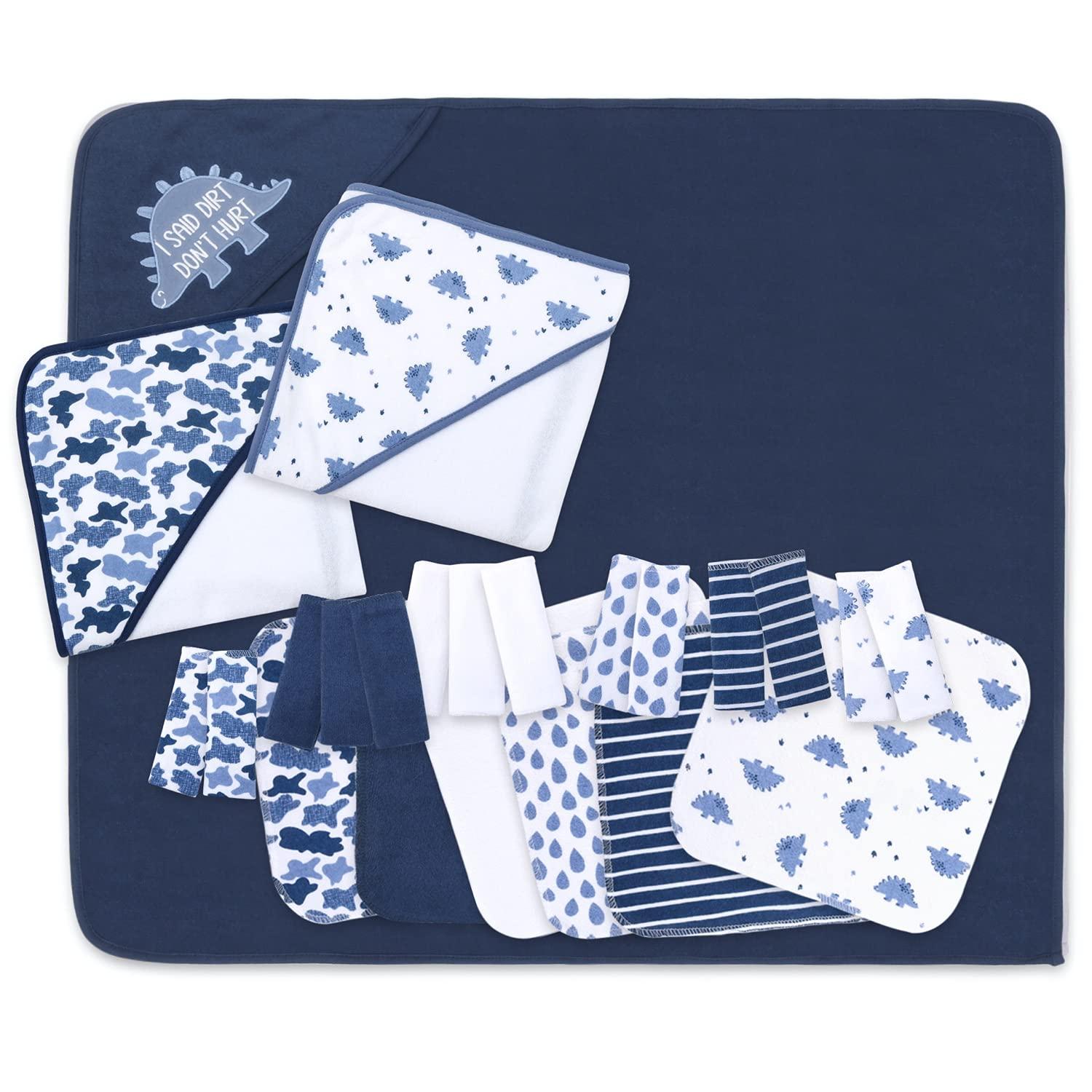 Blue Dino Hooded Towels and Washcloths Baby Bath Gift Set