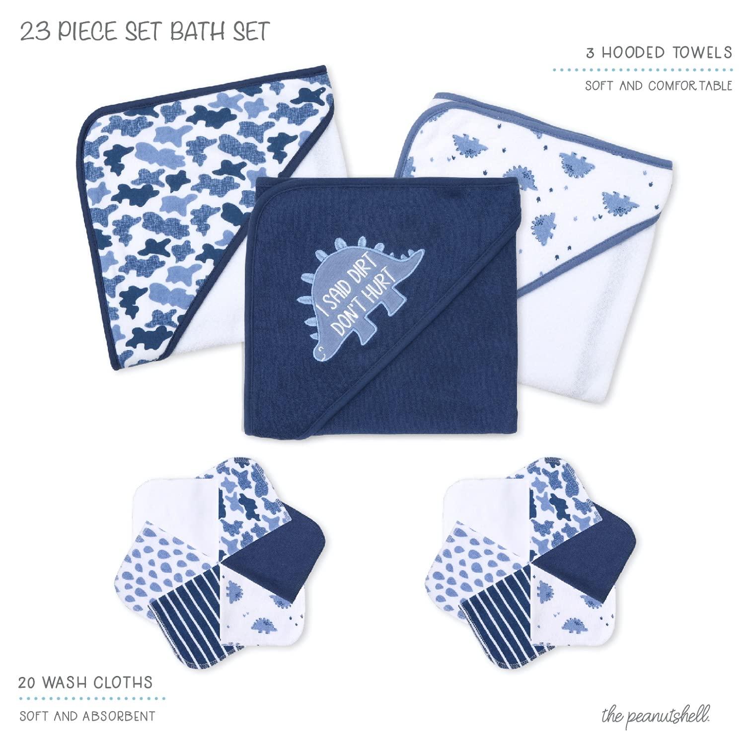 Blue Dino Hooded Towels and Washcloths Baby Bath Gift Set