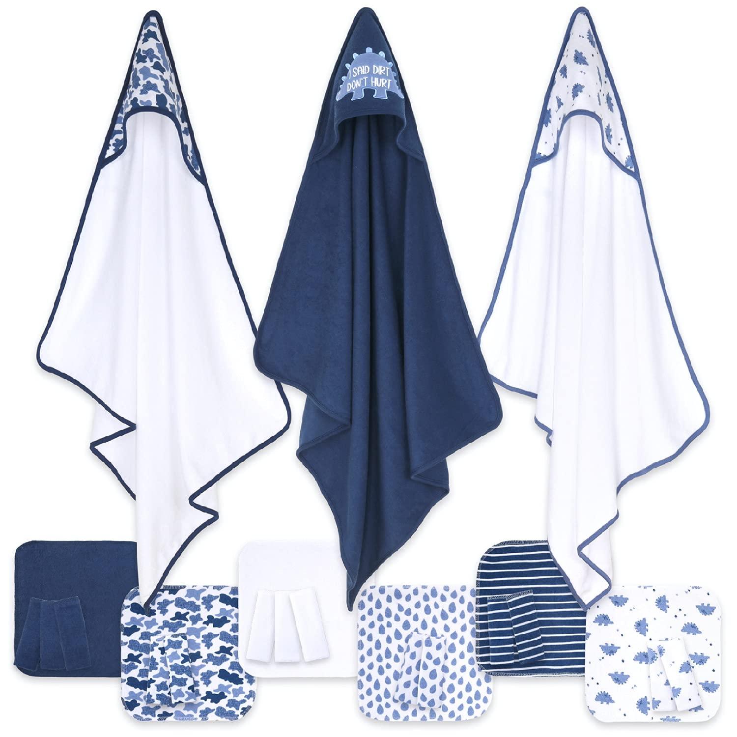 Blue Dino Hooded Towels and Washcloths Baby Bath Gift Set