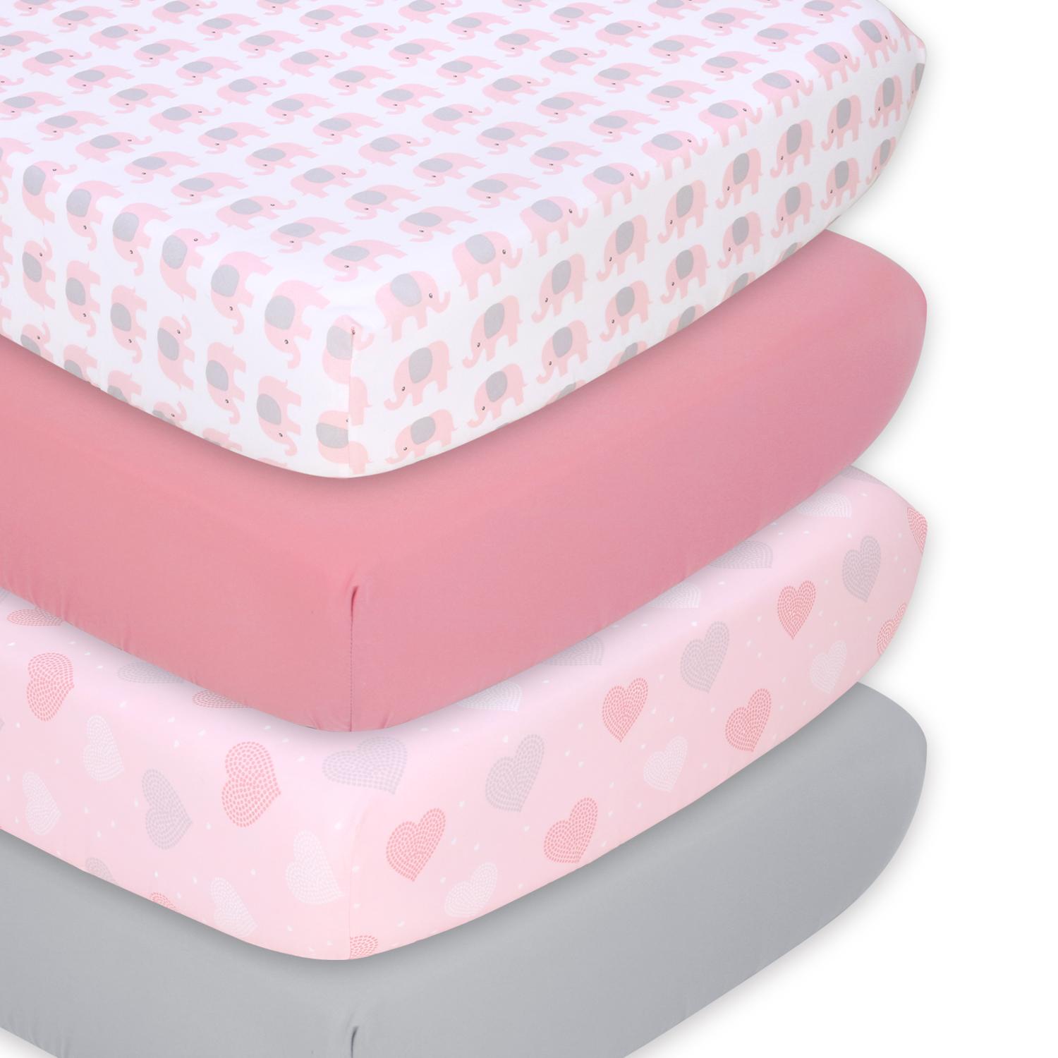 Pink Elephant 4-Pack Fitted Crib Sheet Set