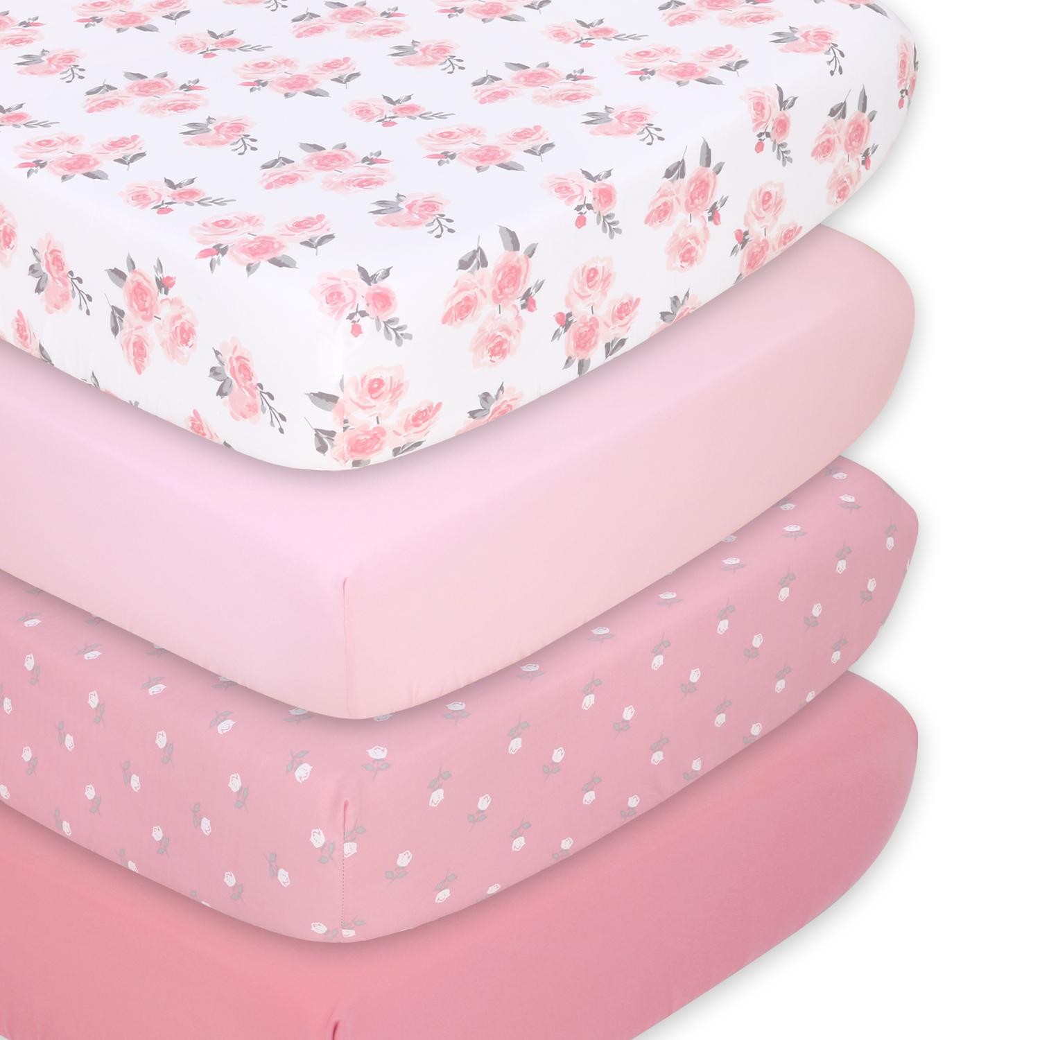 Pink Roses and Ditsy Floral 4-Pack Fitted Crib Sheet Set