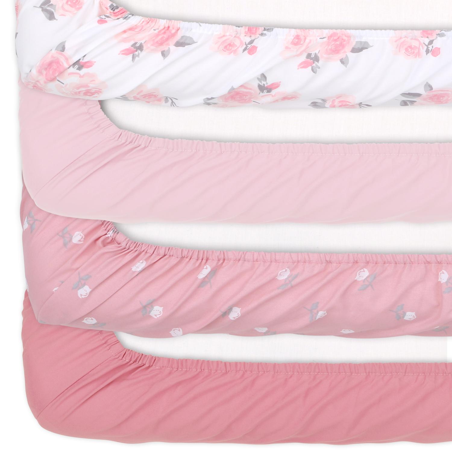 Pink Roses and Ditsy Floral 4-Pack Fitted Crib Sheet Set