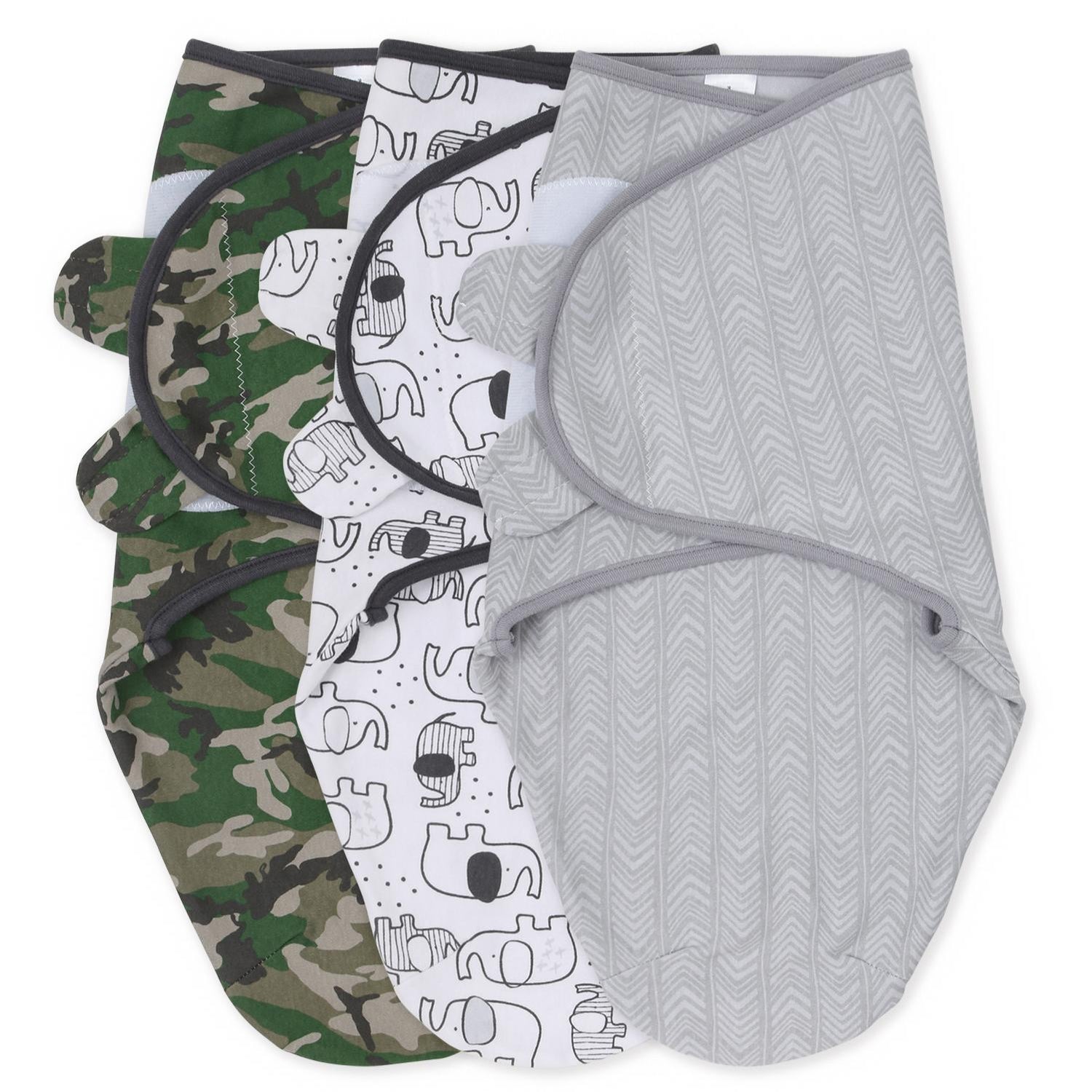 Camo and Elephant Swaddles, 3-Pack Set