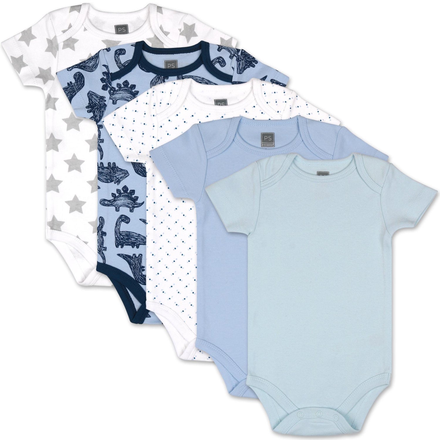 Dinos and Dots 5-Pack Short Sleeve Bodysuits in Blue, Navy, and Grey, 9-12 Months