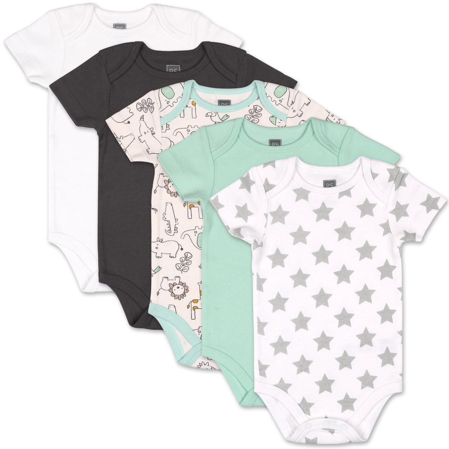 Safari 5-Pack Short Sleeve Bodysuits in Grey and Light Green, 9-12 Months