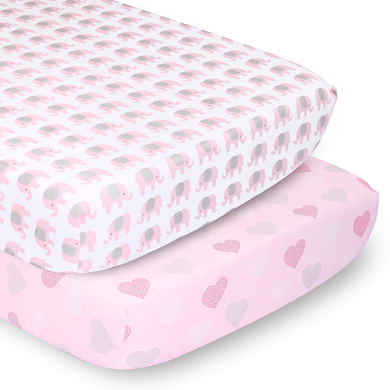 Pink Elephants and Pink Hearts 2-Pack Crib Sheet Set