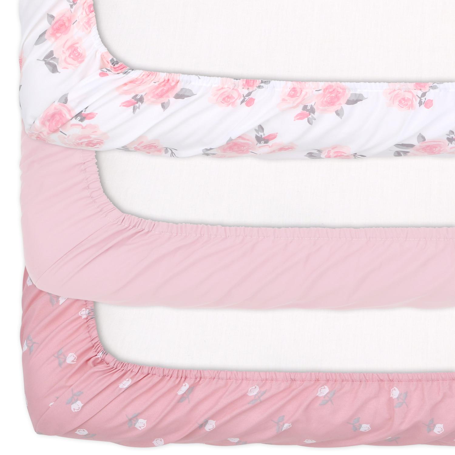 Pink Roses/Ditsy Floral Fitted Playard Sheets, 3-Pack