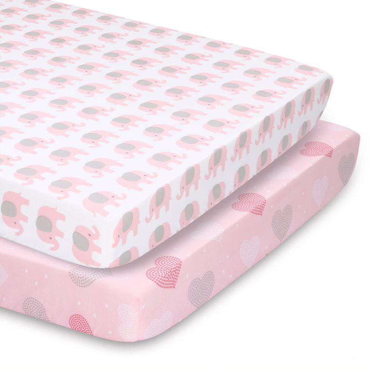 Pink Elephants & Hearts Fitted Playard Sheets, 2-Pack